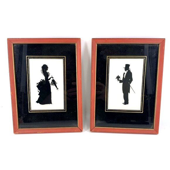 Silhouette Painting on Reverse Domed Glass Pictures of Couple Victorian Lot of 2 - Picture 1 of 8